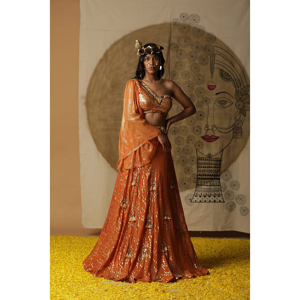 Arpita Sulakshana Rust Orange Blouse Lehenga with Dupatta (Set of 3)