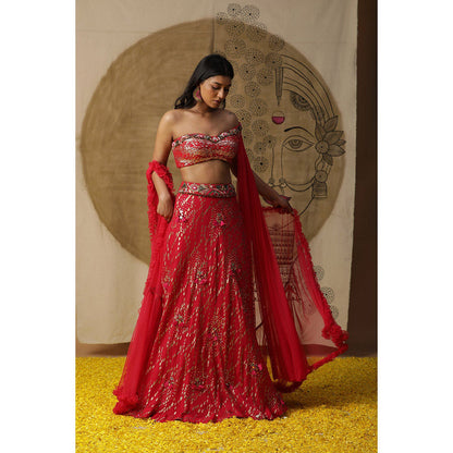 Arpita Sulakshana Red Blouse Lehenga with Dupatta (Set of 3)
