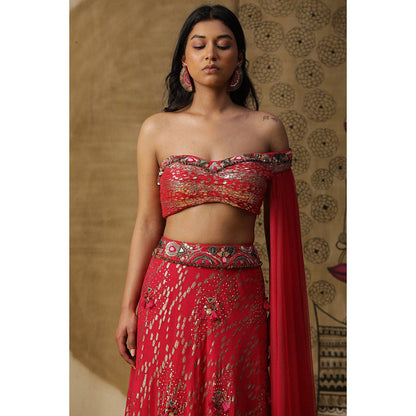 Arpita Sulakshana Red Blouse Lehenga with Dupatta (Set of 3)