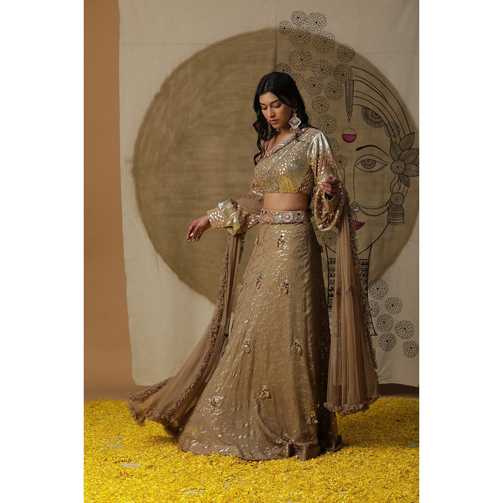 Arpita Sulakshana Brown One Shoulder Blouse Lehenga with Dupatta (Set of 3)