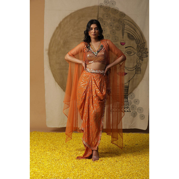 Arpita Sulakshana Burnt Orange Blouse Dhoti with Cape (Set of 3)