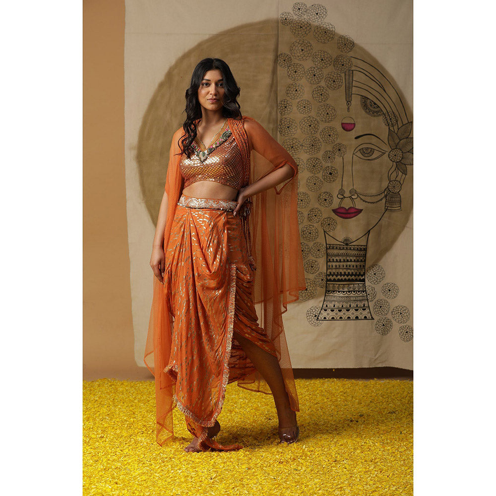 Arpita Sulakshana Burnt Orange Blouse Dhoti with Cape (Set of 3)