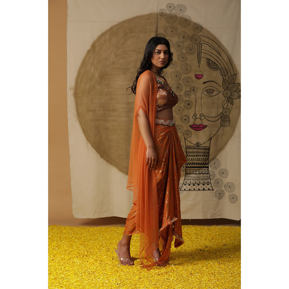 Arpita Sulakshana Burnt Orange Blouse Dhoti with Cape (Set of 3)