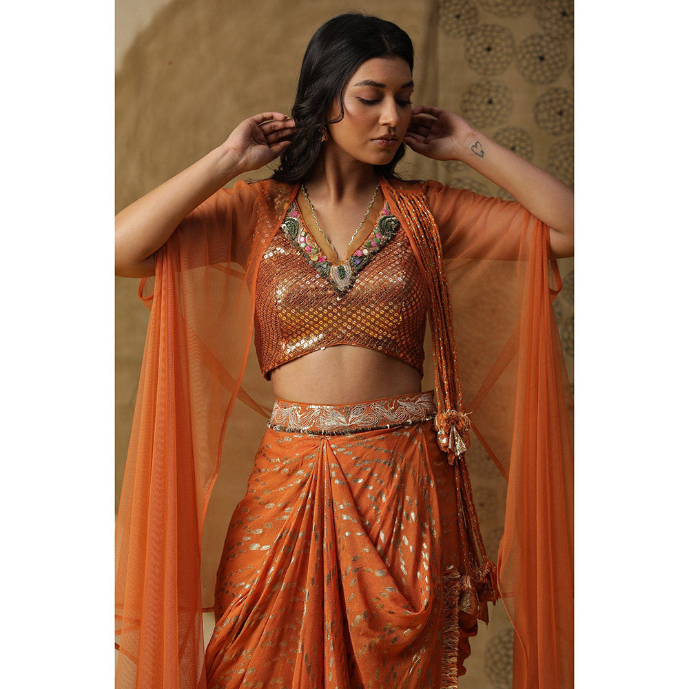 Arpita Sulakshana Burnt Orange Blouse Dhoti with Cape (Set of 3)