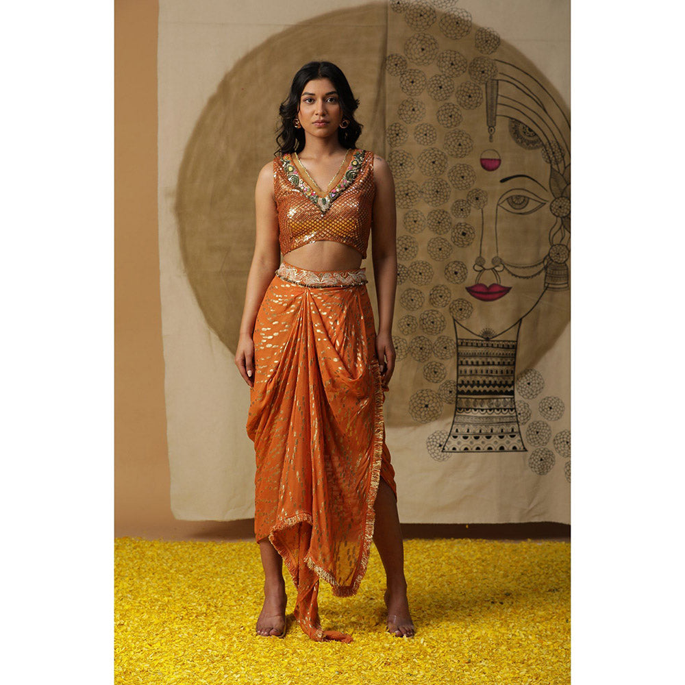 Arpita Sulakshana Burnt Orange Blouse Dhoti with Cape (Set of 3)