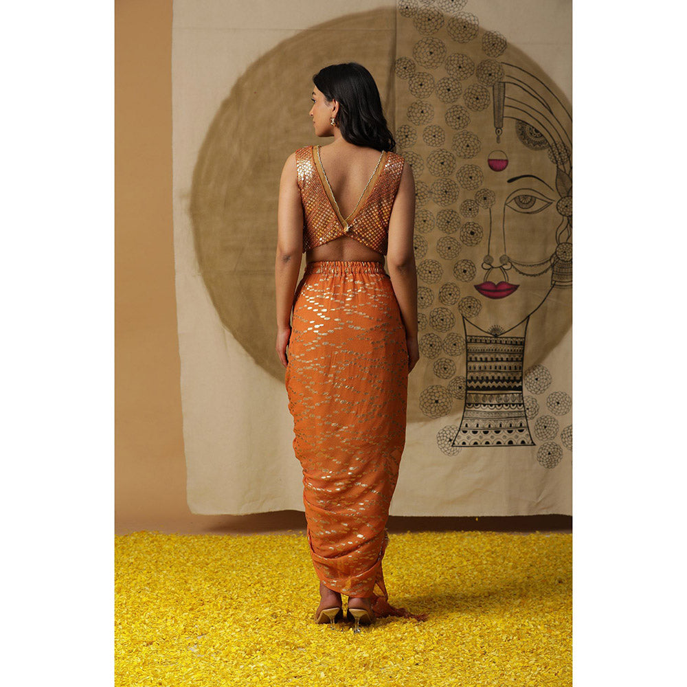 Arpita Sulakshana Burnt Orange Blouse Dhoti with Cape (Set of 3)