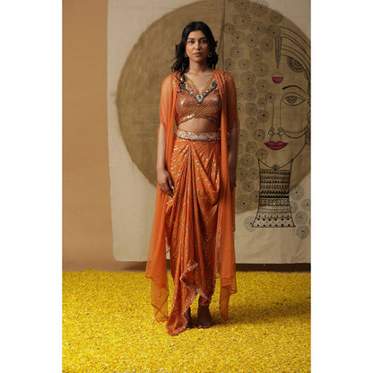 Arpita Sulakshana Burnt Orange Blouse Dhoti with Cape (Set of 3)