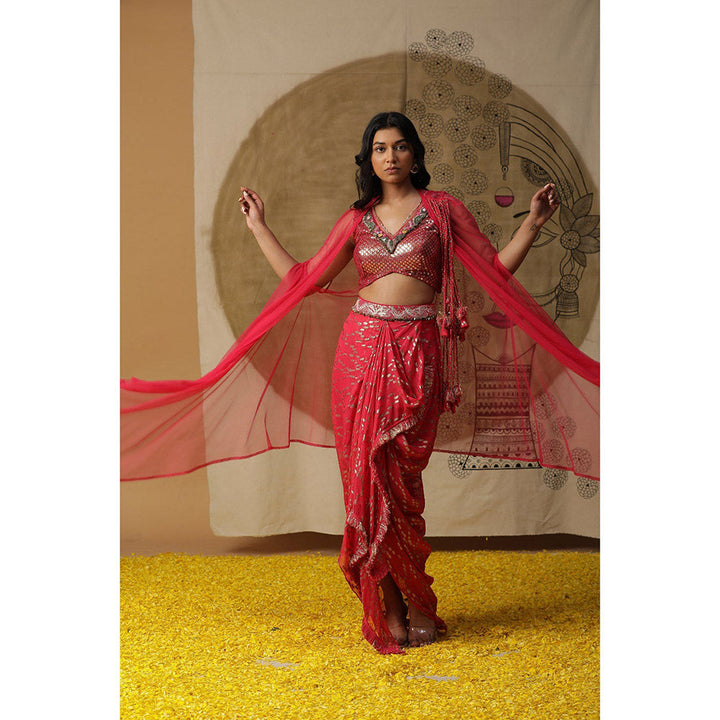 Arpita Sulakshana Red Blouse Dhoti with Cape (Set of 3)