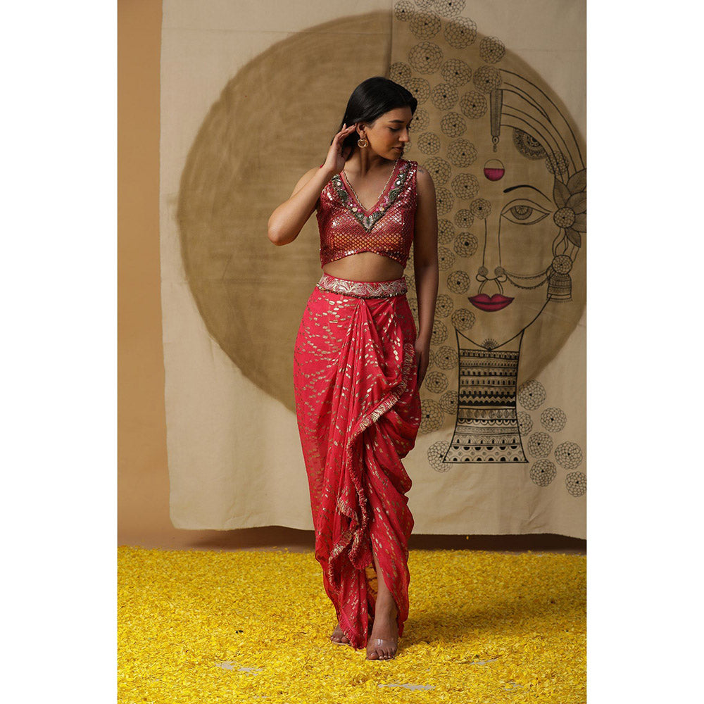 Arpita Sulakshana Red Blouse Dhoti with Cape (Set of 3)