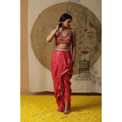 Arpita Sulakshana Red Blouse Dhoti with Cape (Set of 3)