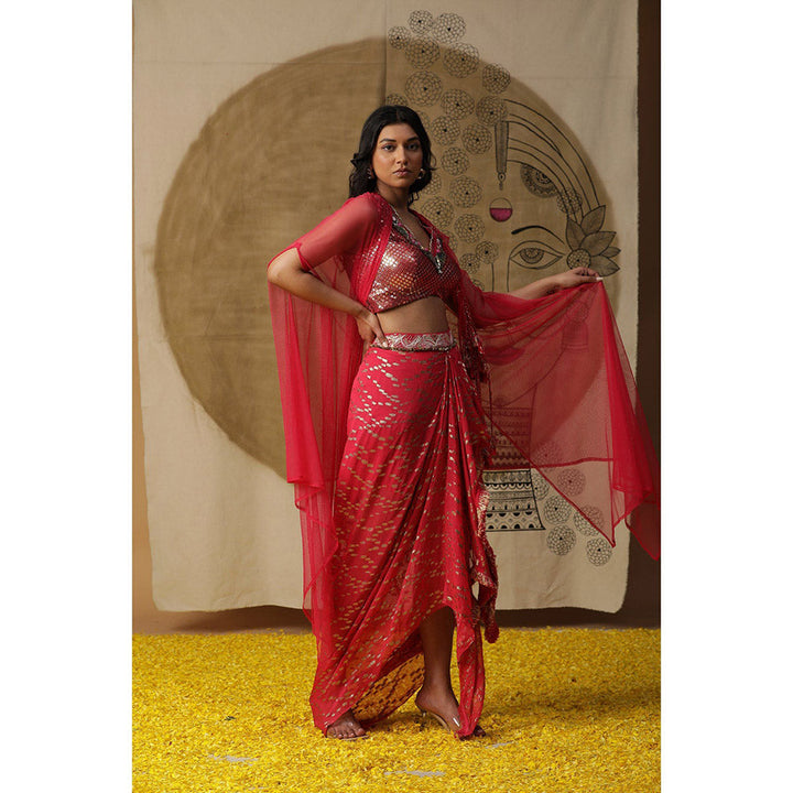 Arpita Sulakshana Red Blouse Dhoti with Cape (Set of 3)