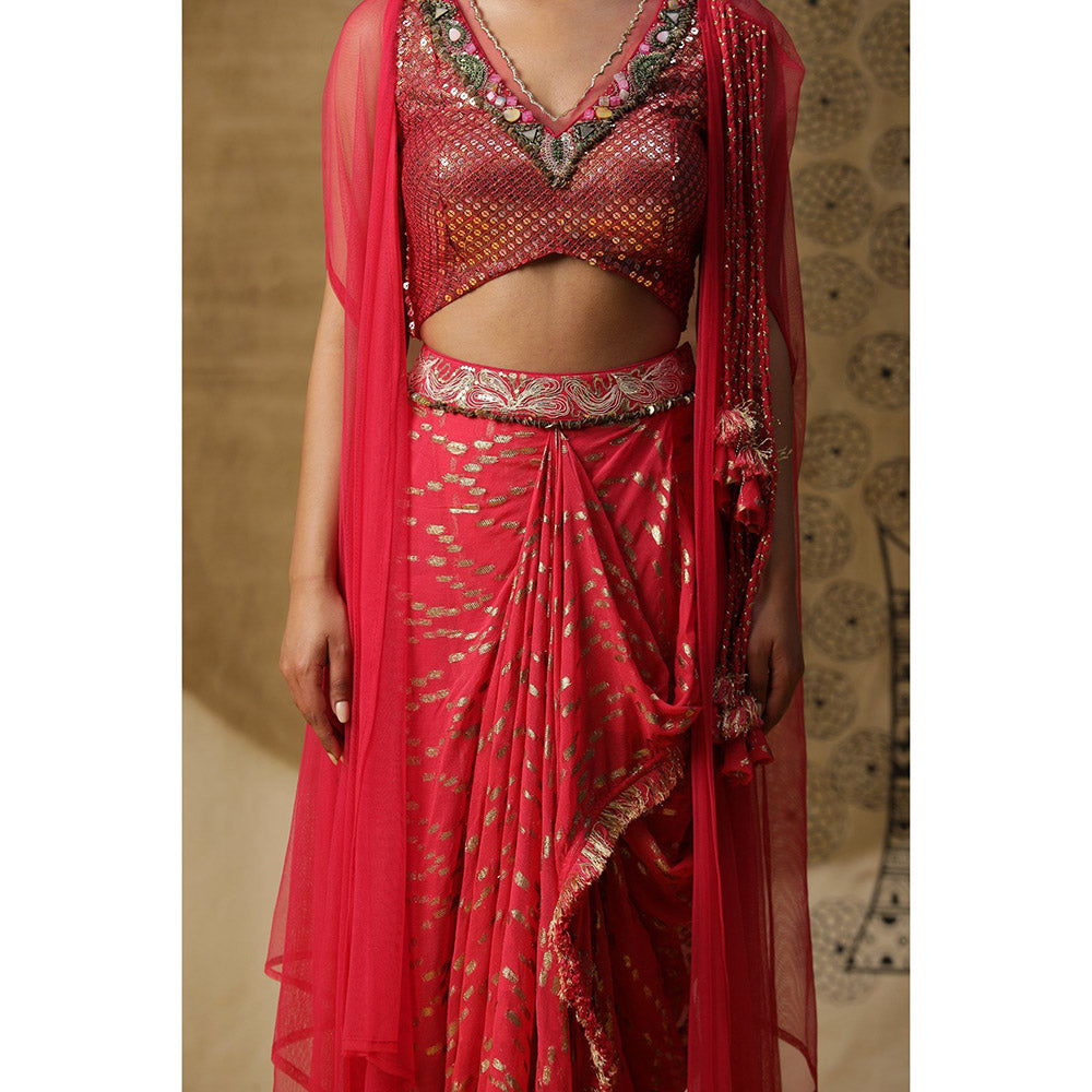 Arpita Sulakshana Red Blouse Dhoti with Cape (Set of 3)