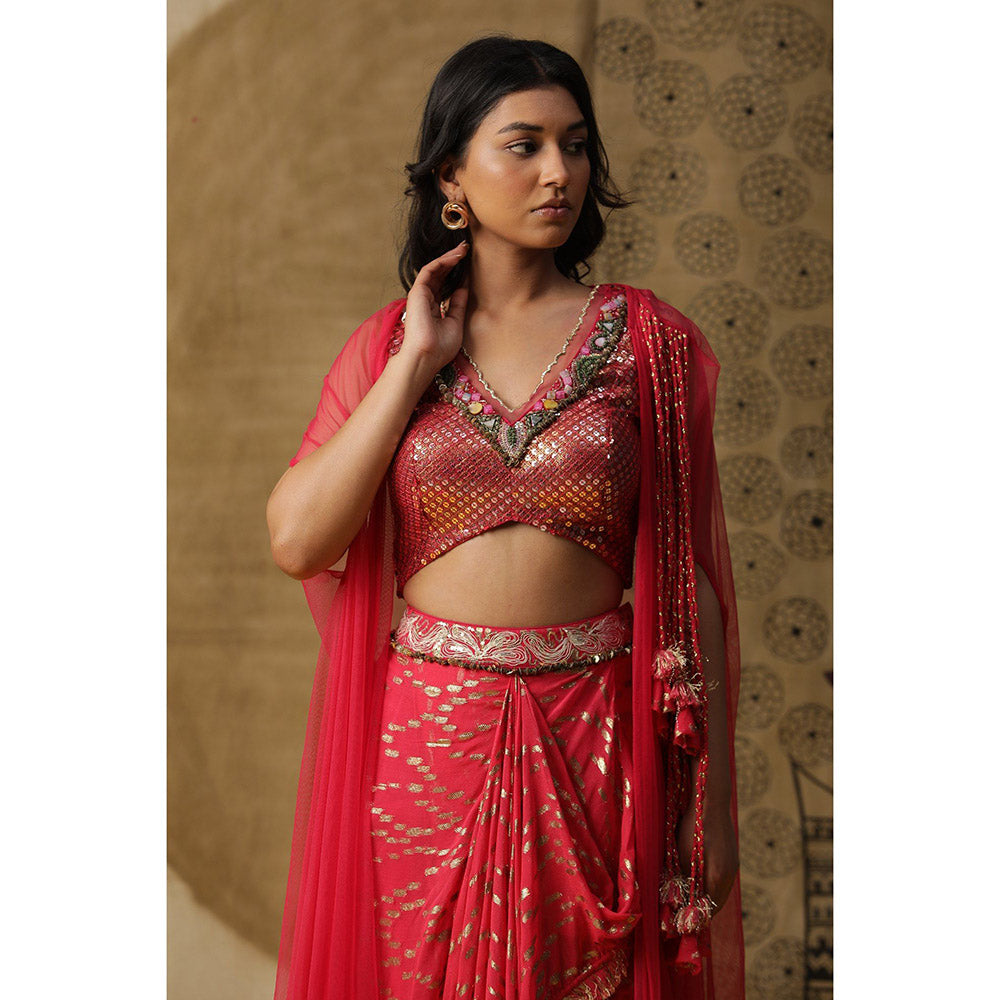 Arpita Sulakshana Red Blouse Dhoti with Cape (Set of 3)