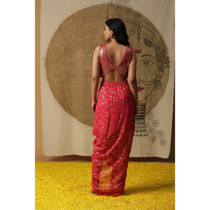 Arpita Sulakshana Red Blouse Dhoti with Cape (Set of 3)