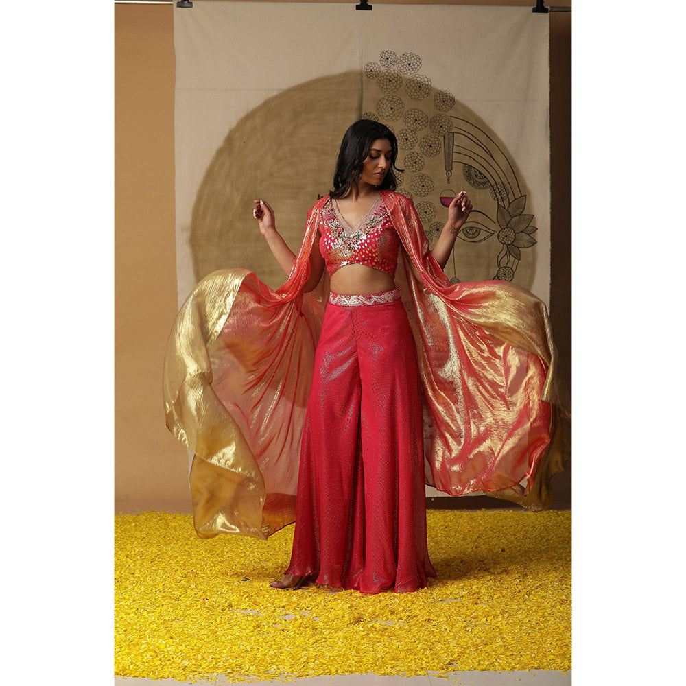 Arpita Sulakshana Red Doriwork Blouse Palazzo with Cape (Set of 3)