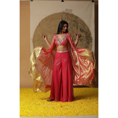 Arpita Sulakshana Red Doriwork Blouse Palazzo with Cape (Set of 3)