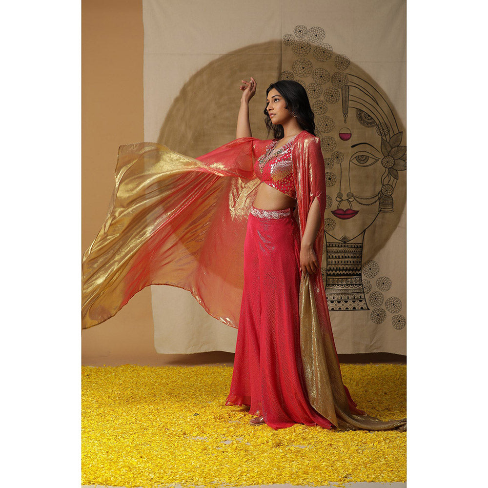 Arpita Sulakshana Red Doriwork Blouse Palazzo with Cape (Set of 3)