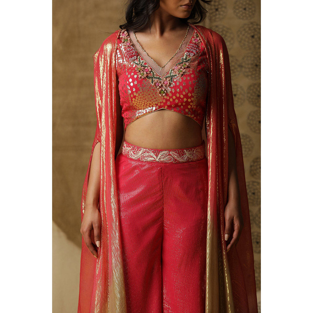 Arpita Sulakshana Red Doriwork Blouse Palazzo with Cape (Set of 3)