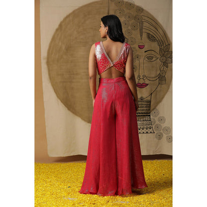 Arpita Sulakshana Red Doriwork Blouse Palazzo with Cape (Set of 3)