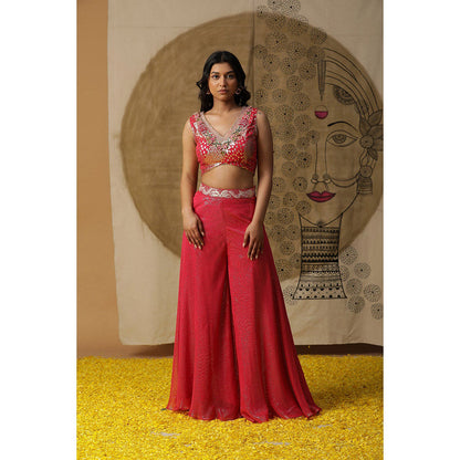 Arpita Sulakshana Red Doriwork Blouse Palazzo with Cape (Set of 3)