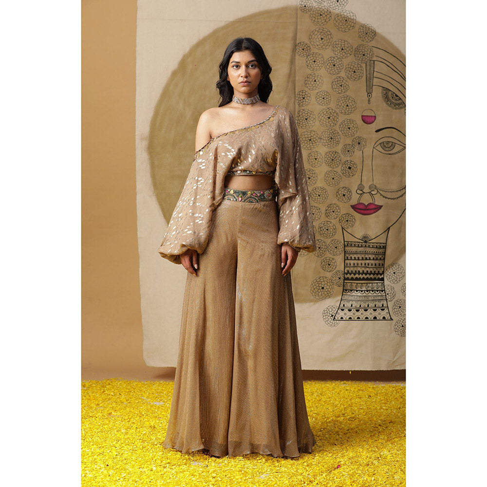 Arpita Sulakshana Brown One Shoulder Blouse with Palazzo (Set of 2)