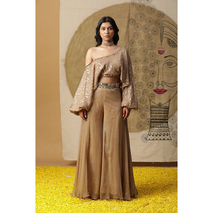 Arpita Sulakshana Brown One Shoulder Blouse with Palazzo (Set of 2)