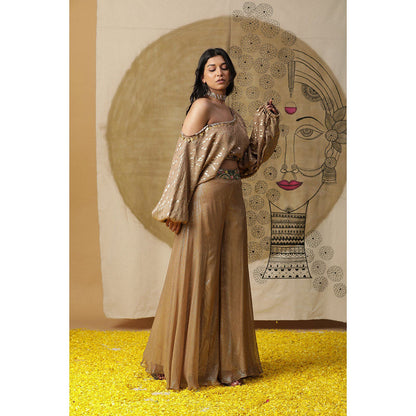 Arpita Sulakshana Brown One Shoulder Blouse with Palazzo (Set of 2)