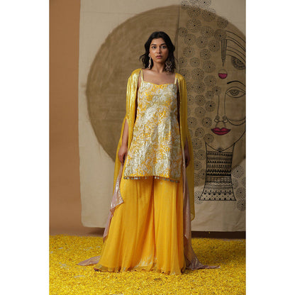 Arpita Sulakshana Yellow Kurta Palazzo with Cape (Set of 3)