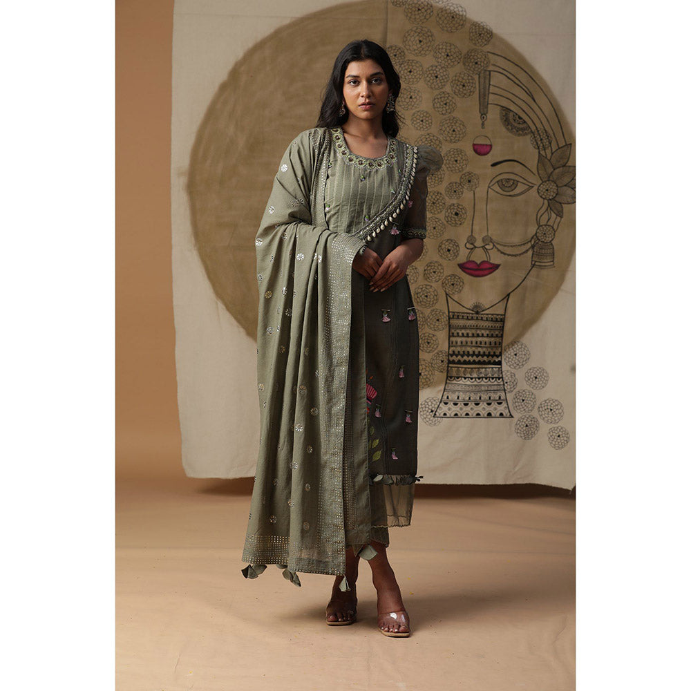 Arpita Sulakshana Dusty Green Handpainted Kurta Pant with Dupatta (Set of 3)