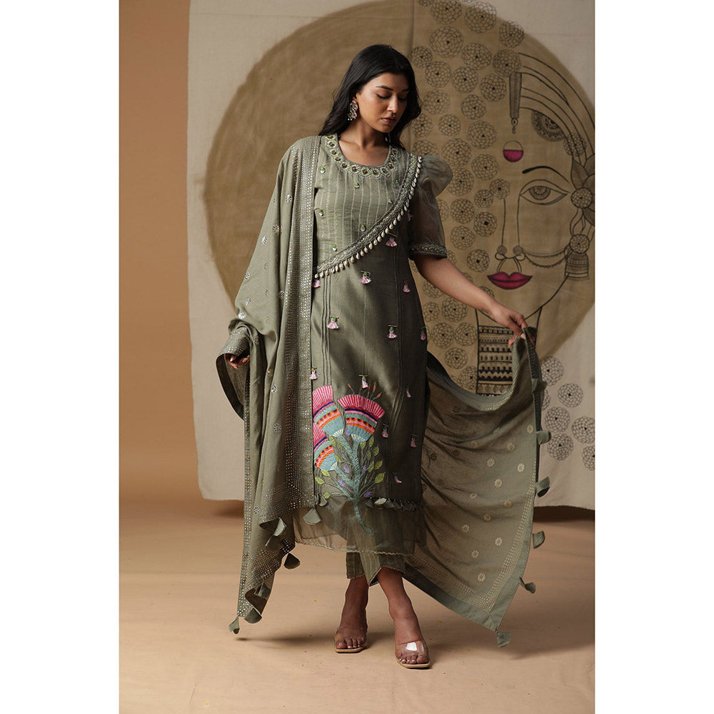 Arpita Sulakshana Dusty Green Handpainted Kurta Pant with Dupatta (Set of 3)