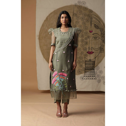 Arpita Sulakshana Dusty Green Handpainted Kurta Pant with Dupatta (Set of 3)