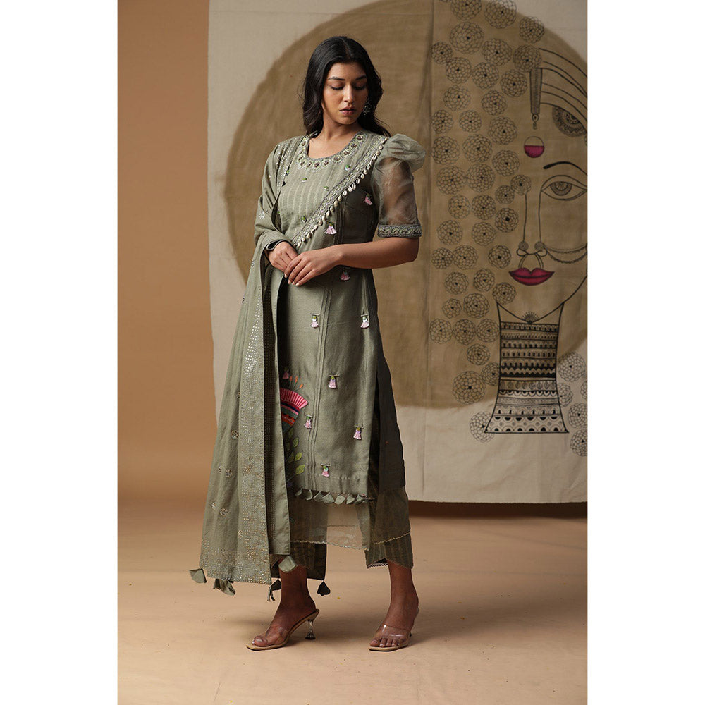 Arpita Sulakshana Dusty Green Handpainted Kurta Pant with Dupatta (Set of 3)
