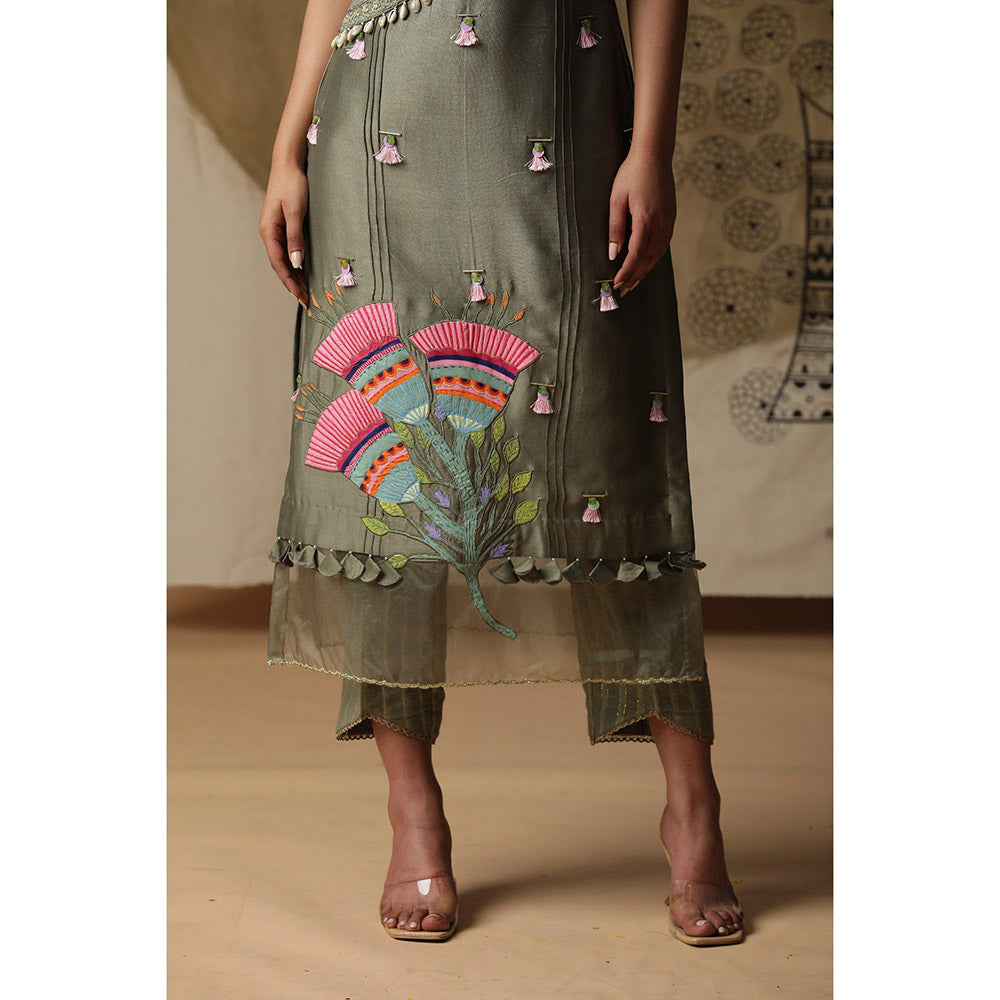 Arpita Sulakshana Dusty Green Handpainted Kurta Pant with Dupatta (Set of 3)