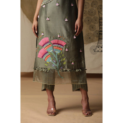 Arpita Sulakshana Dusty Green Handpainted Kurta Pant with Dupatta (Set of 3)