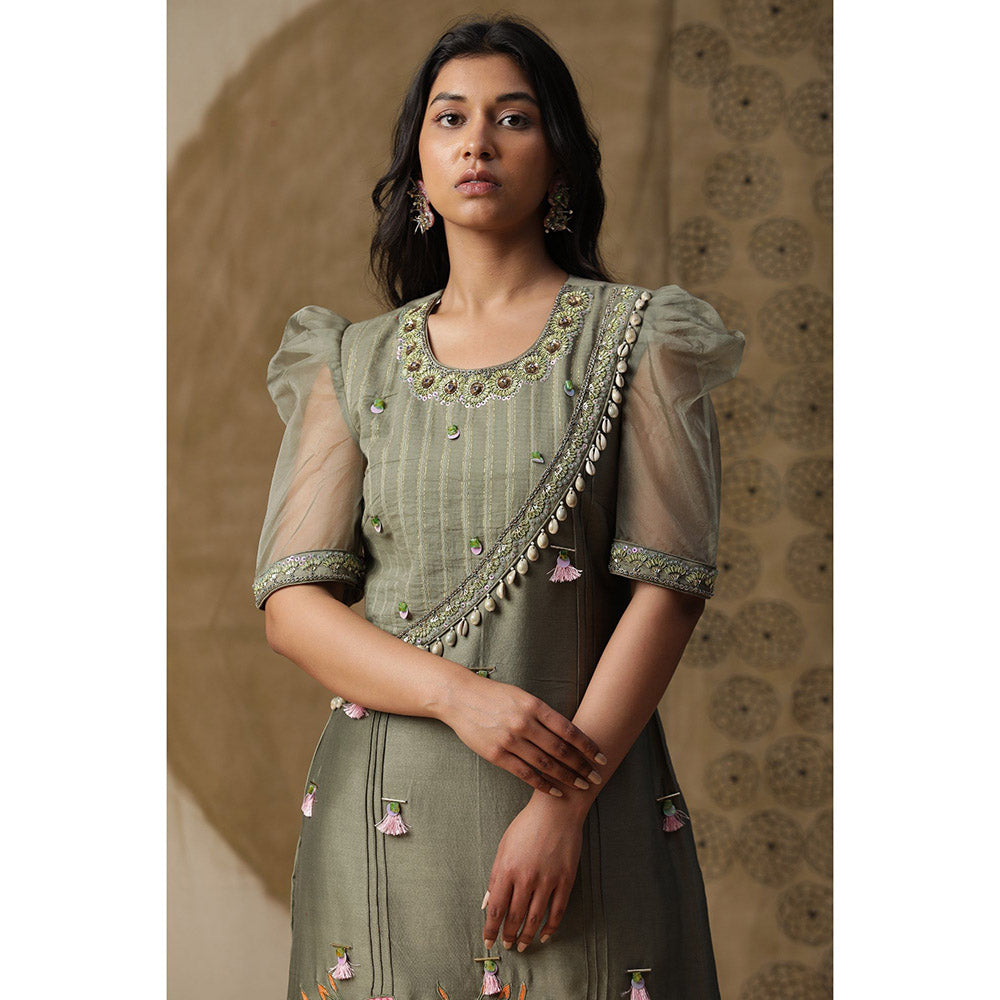 Arpita Sulakshana Dusty Green Handpainted Kurta Pant with Dupatta (Set of 3)