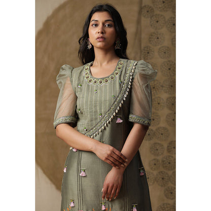 Arpita Sulakshana Dusty Green Handpainted Kurta Pant with Dupatta (Set of 3)