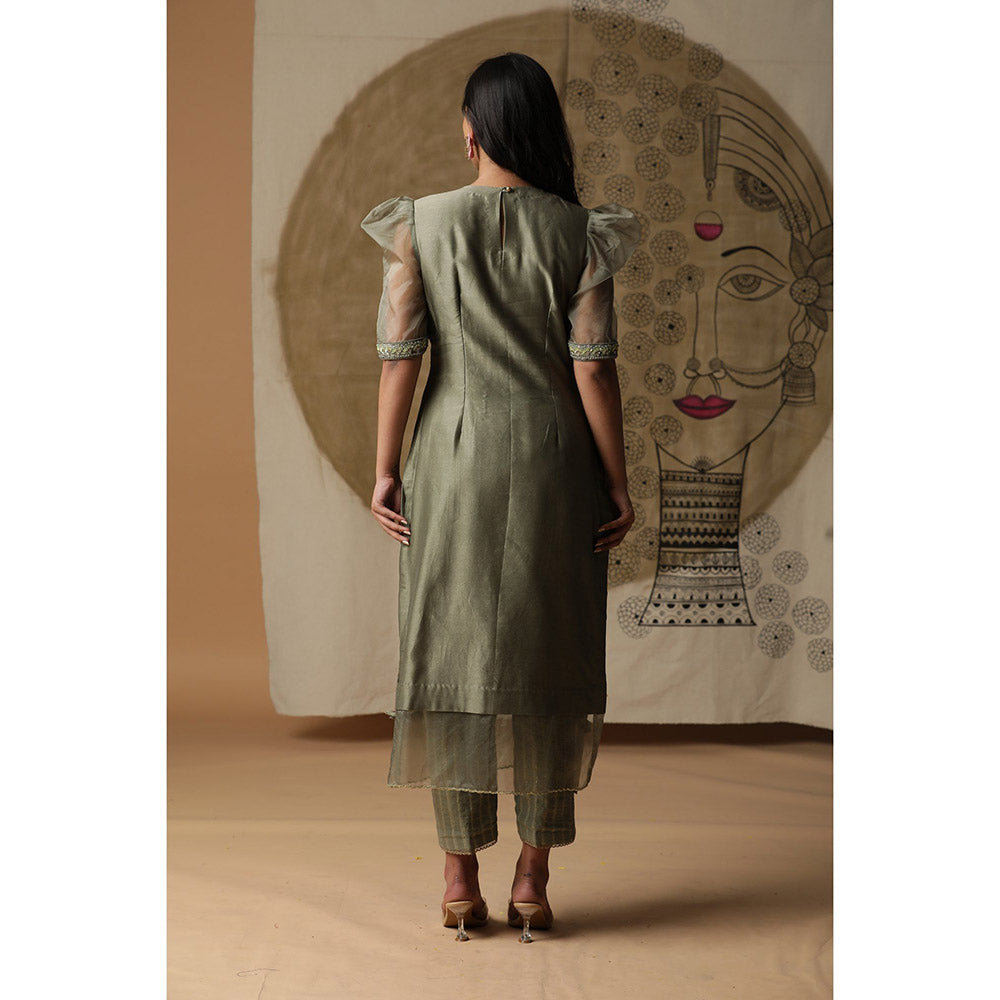 Arpita Sulakshana Dusty Green Handpainted Kurta Pant with Dupatta (Set of 3)