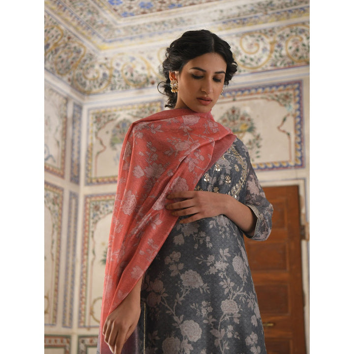 Karaj Jaipur Patti Work Digital Kurta With Embroidered Pants And Digital Dupatta (Set of 3)