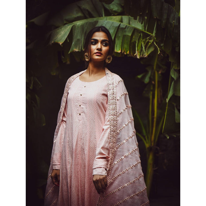 Karaj Jaipur Light Pink Dobby Anarkali Kurta (Set of 3)