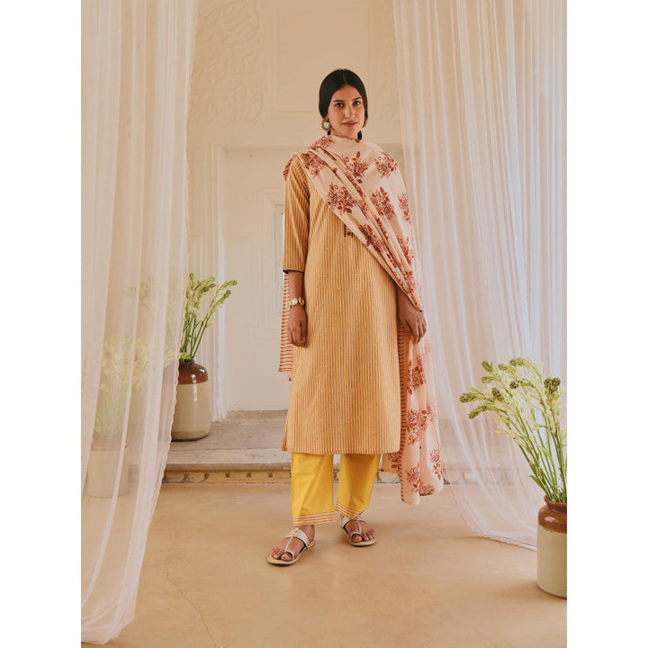 Karaj Jaipur Mustard Straight Fit Cotton Kurta with Pants and Doria Dupatta (Set of 3)