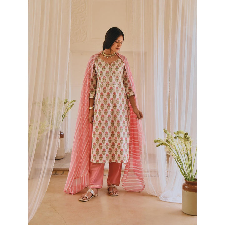 Karaj Jaipur Pink Block Print Cotton Kurta with Pants and Lehariya Dupatta (Set of 3)