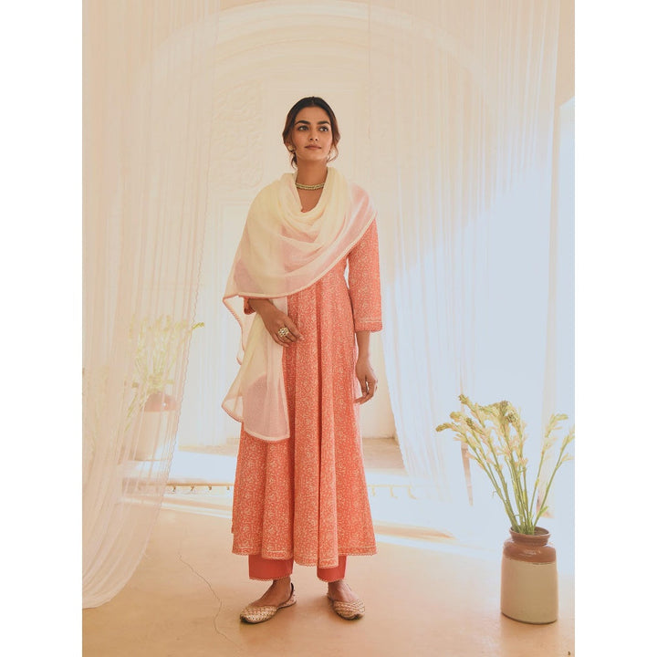 Karaj Jaipur Pink Printed Cotton Anarkali Kurta with Contrast Kota Doria Dupatta (Set of 3)