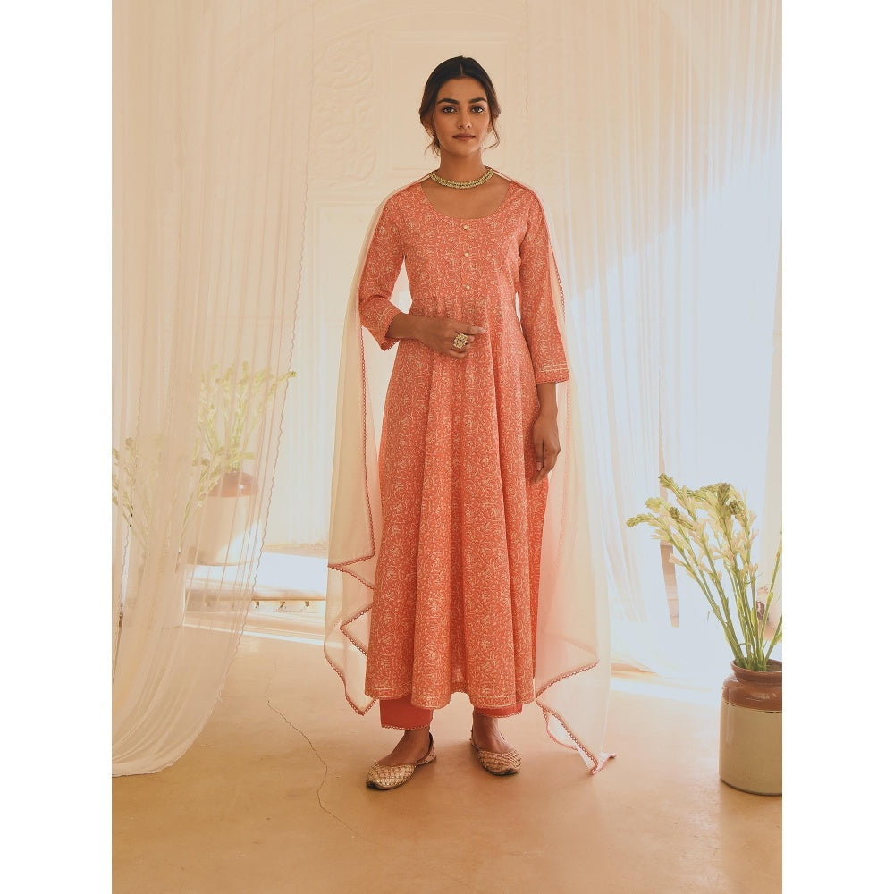 Karaj Jaipur Pink Printed Cotton Anarkali Kurta with Contrast Kota Doria Dupatta (Set of 3)