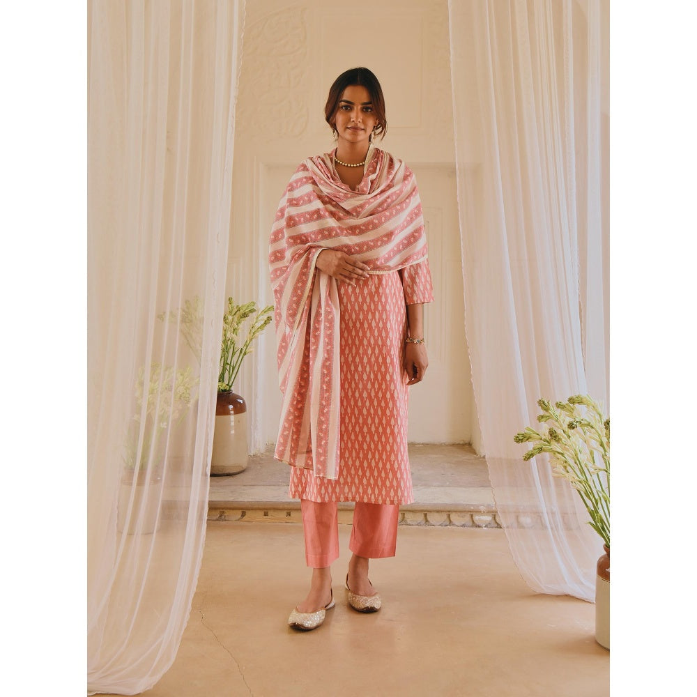 Karaj Jaipur Pink Embroidered Block Printed Kurta with Pants and Mul Dupatta (Set of 3)