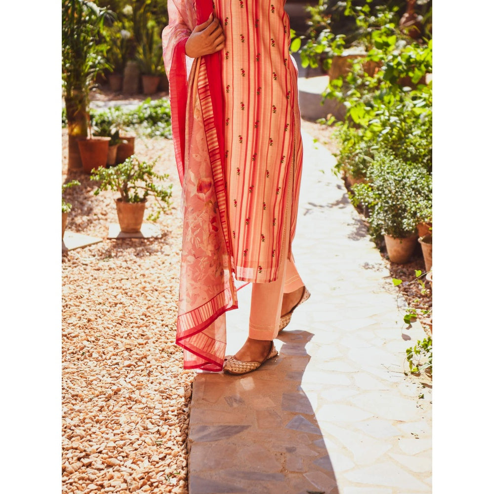 Karaj Jaipur Embroidered Straight Fit Chanderi Kurta with Cotton Pant and Dupatta (Set of 3)