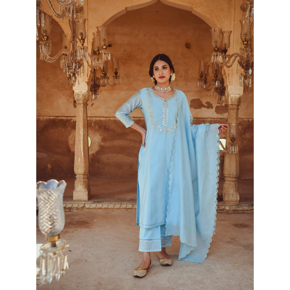 Karaj Jaipur Gota Patti Embroidered Kurta with Detailed Pants and Scallop Dupatta (Set of 3)