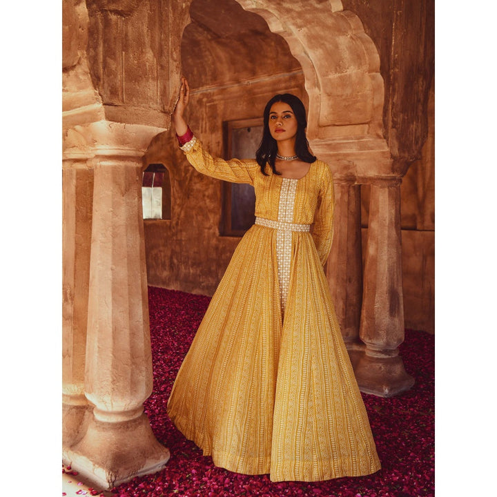 Karaj Jaipur Yellow Printed Dress (Set of 3)