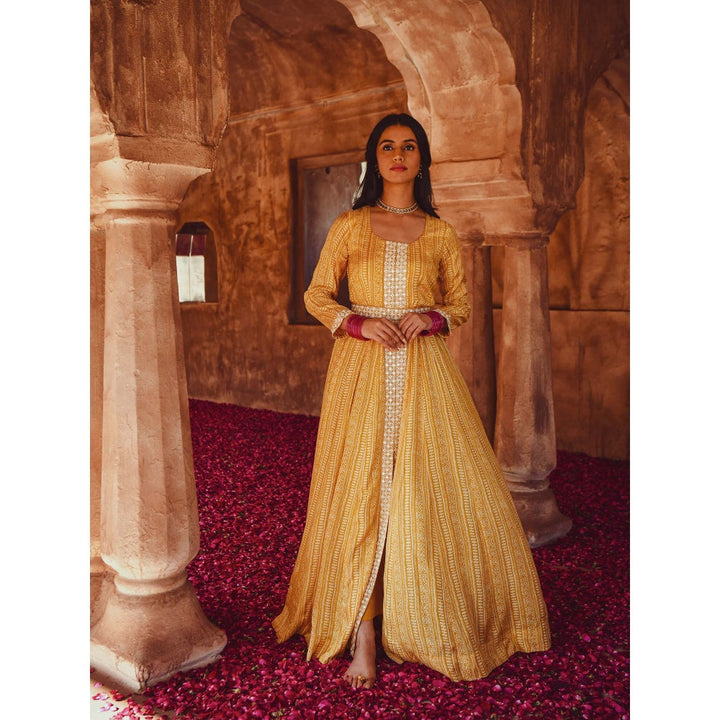Karaj Jaipur Yellow Printed Dress (Set of 3)