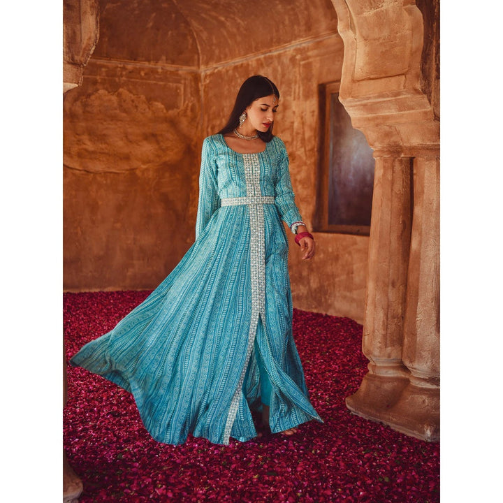 Karaj Jaipur Blue Printed Dress (Set of 3)