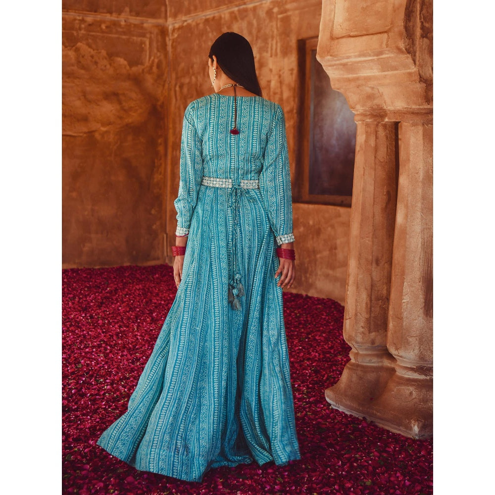 Karaj Jaipur Blue Printed Dress (Set of 3)